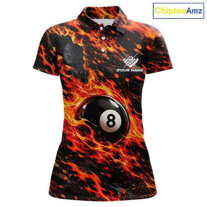 Fire Flame 8 Ball Pool Shirt For Women Custom Billiard League Team Polo & 1/4 Zip Jersey | Red NYN4023