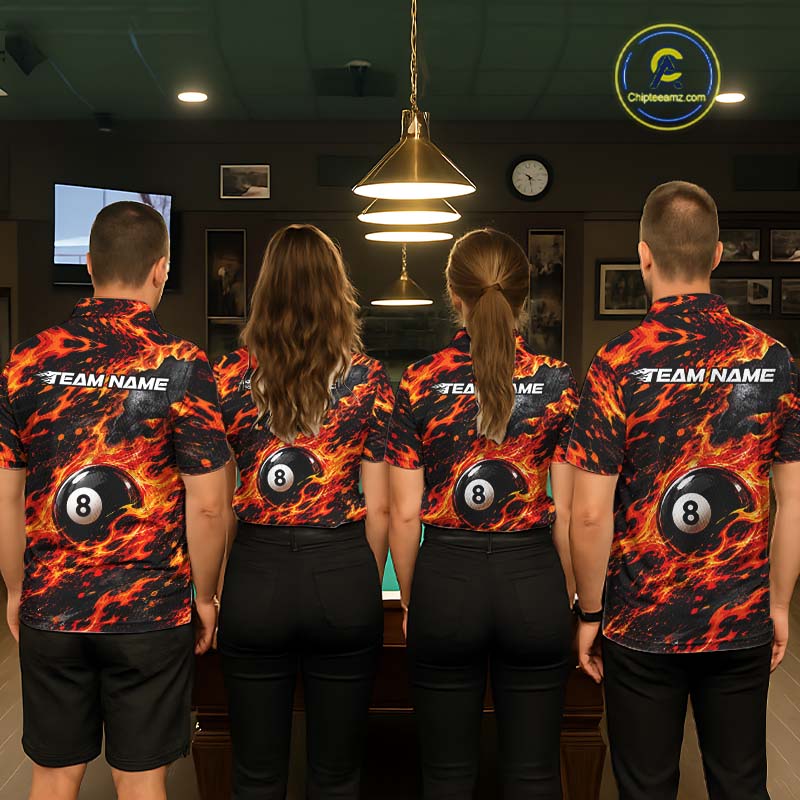 Fire Flame 8 Ball Pool Shirt For Men Custom Billiard League Team Polo & 1/4 Zip Jersey | Red NYN4023