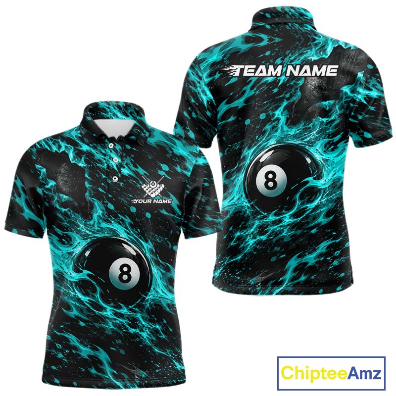 Fire Flame 8 Ball Pool Shirt For Men Custom Billiard League Team Polo & 1/4 Zip Jersey | Teal NYN4024