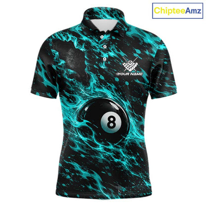Fire Flame 8 Ball Pool Shirt For Men Custom Billiard League Team Polo & 1/4 Zip Jersey | Teal NYN4024