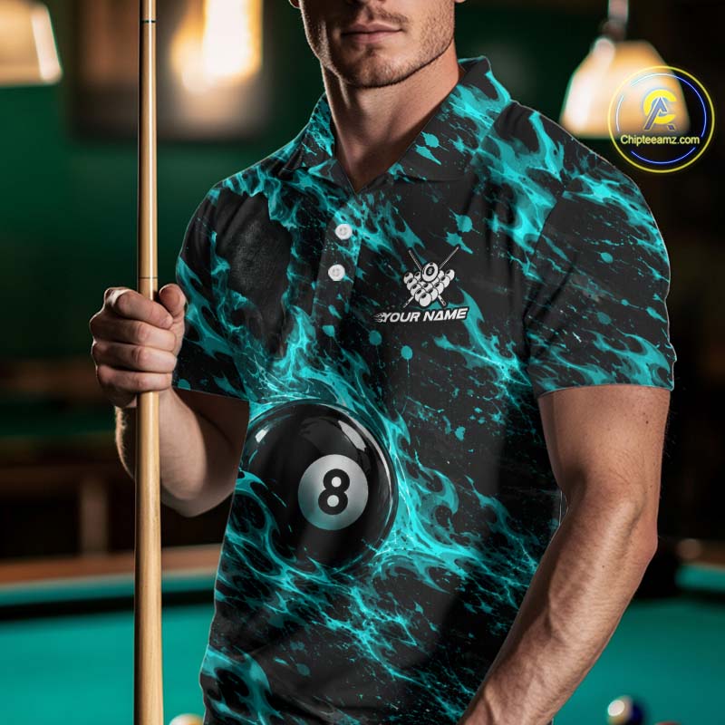 Fire Flame 8 Ball Pool Shirt For Men Custom Billiard League Team Polo & 1/4 Zip Jersey | Teal NYN4024