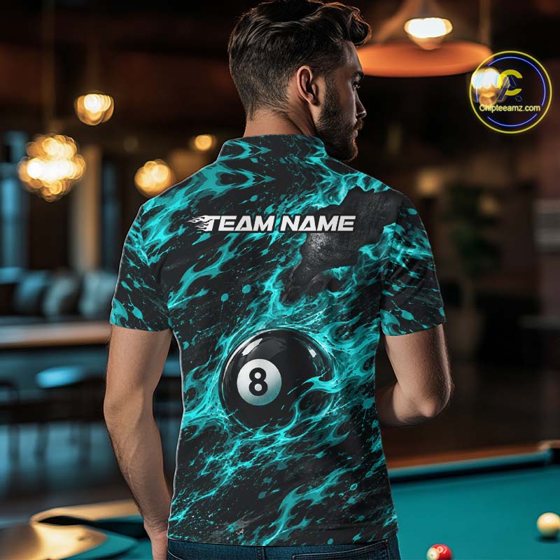 Fire Flame 8 Ball Pool Shirt For Men Custom Billiard League Team Polo & 1/4 Zip Jersey | Teal NYN4024