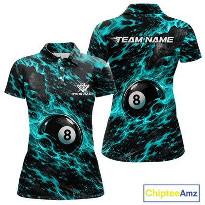 Fire Flame 8 Ball Pool Shirt For Women Custom Billiard League Team Polo & 1/4 Zip Jersey | Teal NYN4024