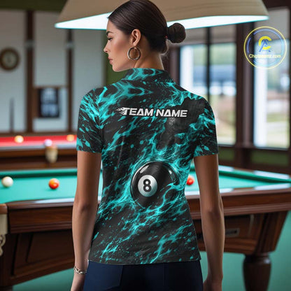 Fire Flame 8 Ball Pool Shirt For Women Custom Billiard League Team Polo & 1/4 Zip Jersey | Teal NYN4024