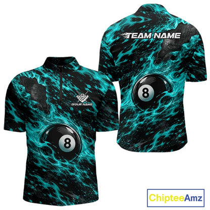 Fire Flame 8 Ball Pool Shirt For Men Custom Billiard League Team Polo & 1/4 Zip Jersey | Teal NYN4024