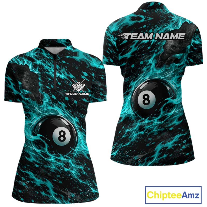 Fire Flame 8 Ball Pool Shirt For Women Custom Billiard League Team Polo & 1/4 Zip Jersey | Teal NYN4024