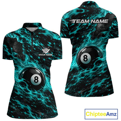 Fire Flame 8 Ball Pool Shirt For Women Custom Billiard League Team Polo & 1/4 Zip Jersey | Teal NYN4024