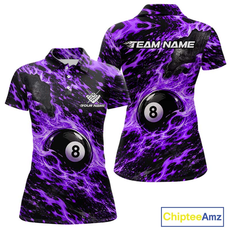 Fire Flame 8 Ball Pool Shirt For Women Custom Billiard League Team Polo & 1/4 Zip Jersey | Purple NYN4025