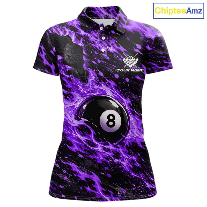Fire Flame 8 Ball Pool Shirt For Women Custom Billiard League Team Polo & 1/4 Zip Jersey | Purple NYN4025