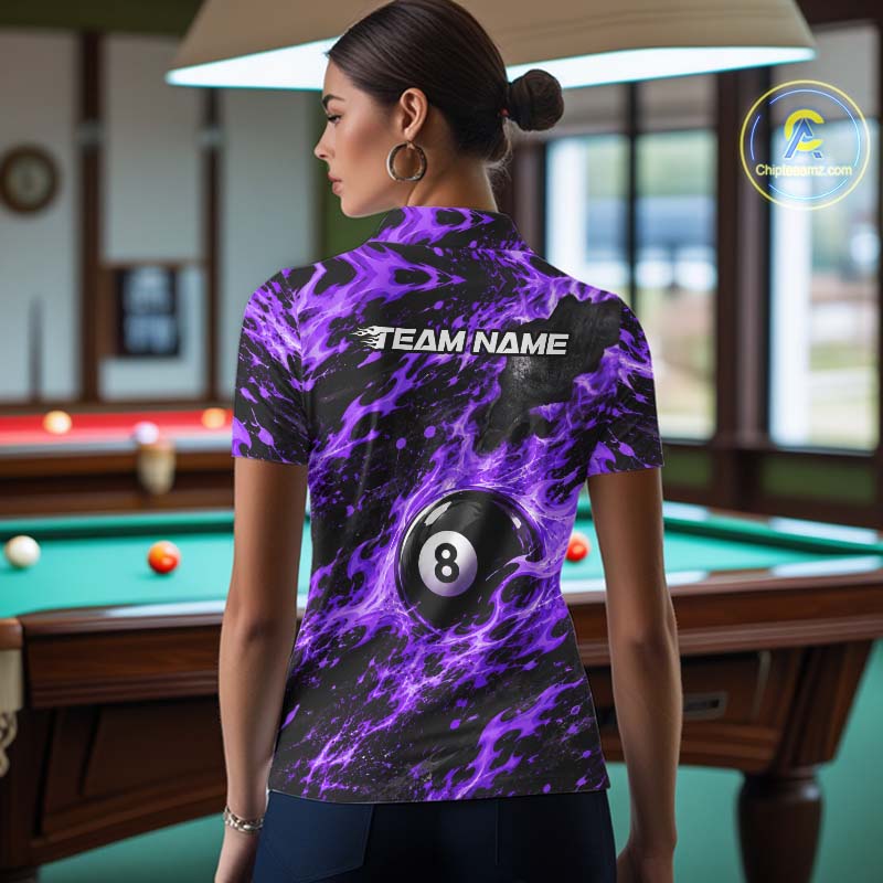 Fire Flame 8 Ball Pool Shirt For Women Custom Billiard League Team Polo & 1/4 Zip Jersey | Purple NYN4025