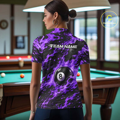 Fire Flame 8 Ball Pool Shirt For Women Custom Billiard League Team Polo & 1/4 Zip Jersey | Purple NYN4025