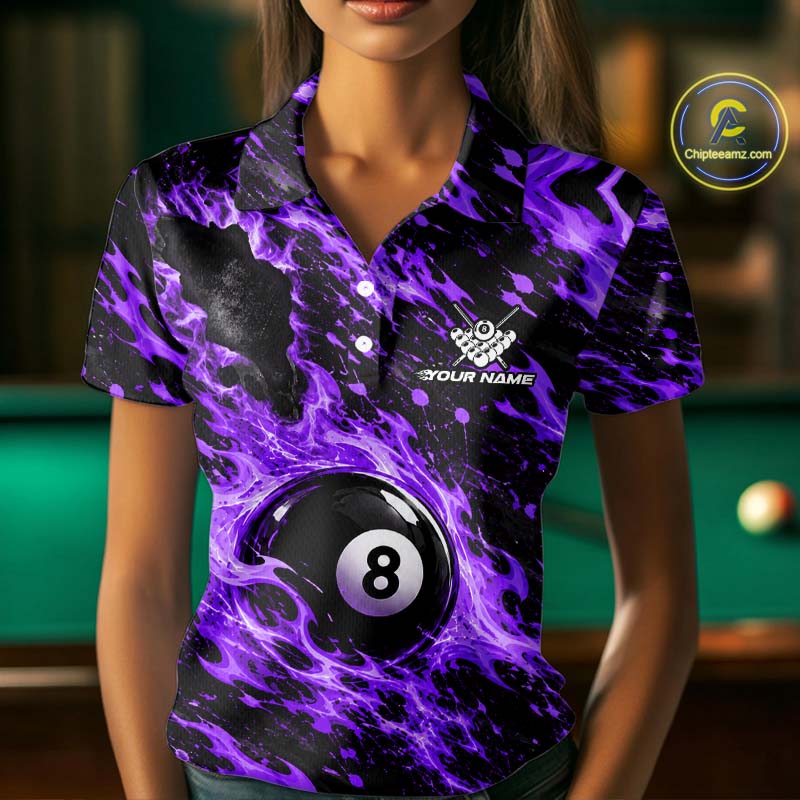 Fire Flame 8 Ball Pool Shirt For Women Custom Billiard League Team Polo & 1/4 Zip Jersey | Purple NYN4025