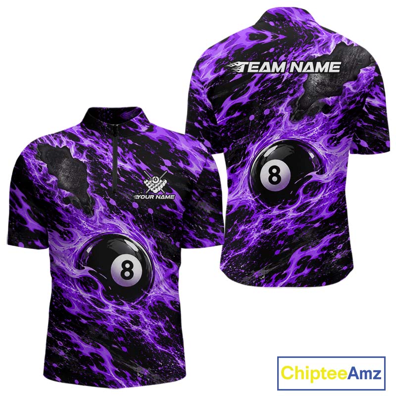Fire Flame 8 Ball Pool Shirt For Men Custom Billiard League Team Polo & 1/4 Zip Jersey | Purple NYN4025