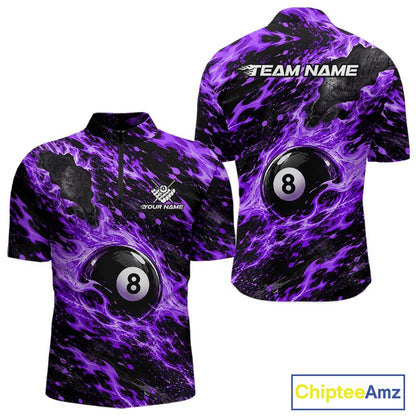 Fire Flame 8 Ball Pool Shirt For Men Custom Billiard League Team Polo & 1/4 Zip Jersey | Purple NYN4025