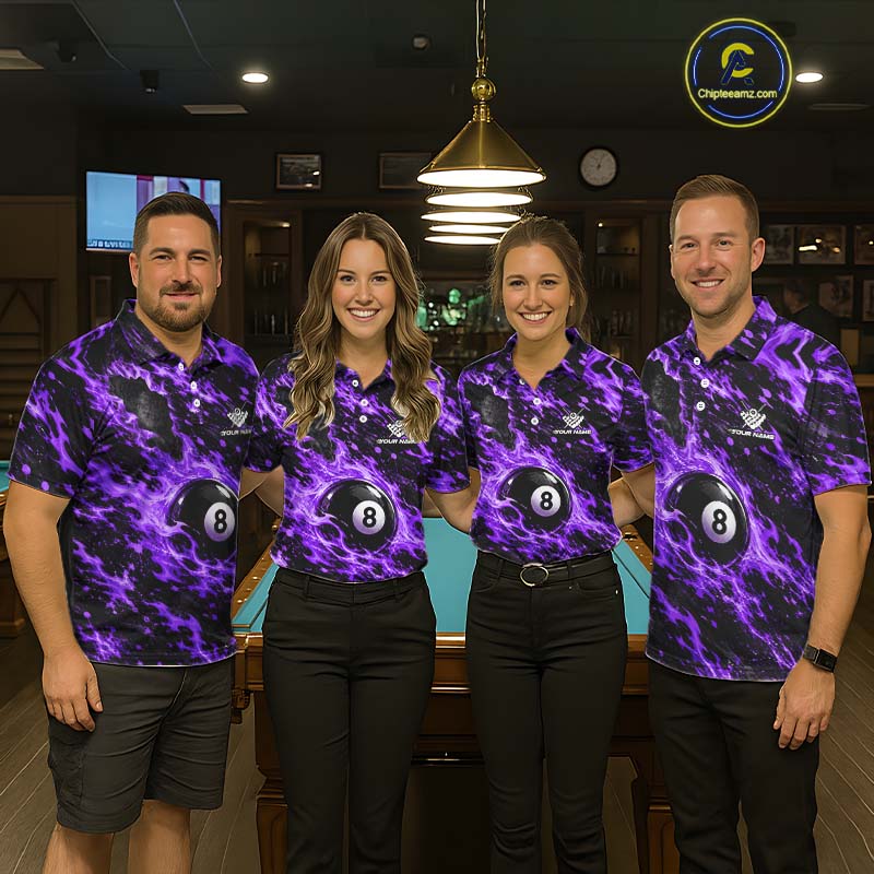 Fire Flame 8 Ball Pool Shirt For Women Custom Billiard League Team Polo & 1/4 Zip Jersey | Purple NYN4025