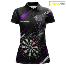 Load image into Gallery viewer, Black Purple Cobra Women's Darts Polo Shirt Mockup, Custom Cobra Dart Tournament Jersey, Personalized League Apparel
