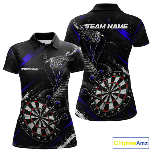 Black Blue Cobra Women's Darts Polo Shirt Mockup, Custom Cobra Dart Tournament Jersey, Personalized League Apparel