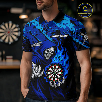 Custom Grim Reaper Blue Flames Dartboard Dart Men Polo Shirt Splatter Grunge Dart Jerseys NYN1631