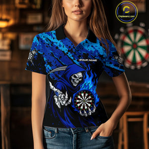 Custom Grim Reaper Blue Flames Dartboard Dart Women Polo Shirt Splatter Grunge Dart Jerseys NYN1631