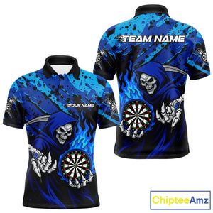 Custom Grim Reaper Blue Flames Dartboard Dart Men Polo Shirt Splatter Grunge Dart Jerseys NYN1631