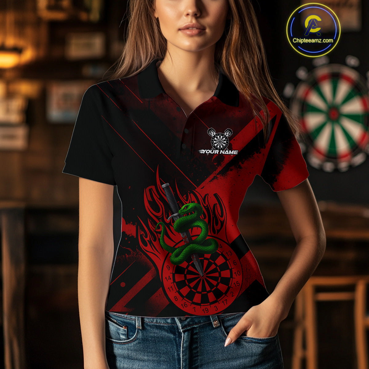 Custom Green Cobra Flames Dartboard Red Grunge Dart Women Polo Jerseys Dart Shirt Gifts NYN1642