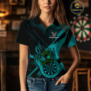 Custom Green Cobra Flames Dartboard Turquoise Grunge Dart Women Polo Jerseys Dart Shirt Gifts NYN1644