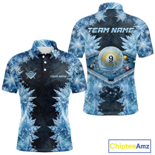 Icy Pattern Blue 9 Ball Pool Billiard Team Shirt For Men Custom Snowflake Billiards Ball Attire NYN3043