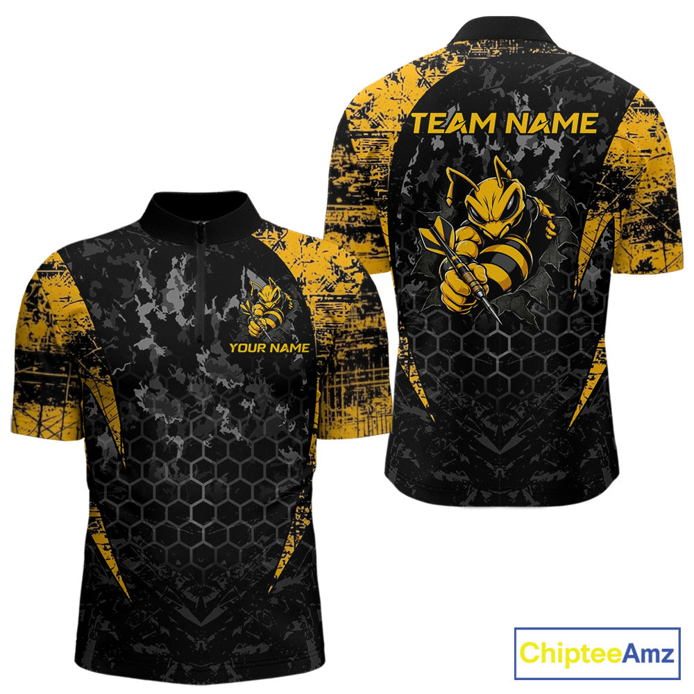 Grunge Black And Yellow Funny Bee Men Dart Polo & 1/4-Zip Shirt Custom Dart Team Jerseys NYN3211