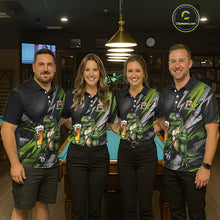 Load image into Gallery viewer, Matching Funny Dinosaur billiard jerseys for men and women featuring humorous dinosaur mascot holding an 8 Ball and beer, representing friendship, fun, celebration and team spirit, appealing to beer lovers, dinosaur fans, party groups, bachelor events, pub leagues, recreational sports communities and novelty apparel collectors