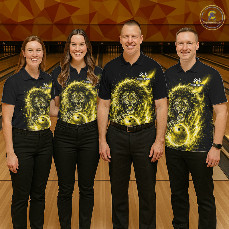 Personalized Yellow Flame Lion Bowling Shirts For Men Custom Fire Lion Team Bowling Jersey NYN4067