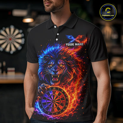 Red And Blue Flame Lion Darts Polo Quarter-Zip Shirts For Men Custom Fire Lion Darts Team Jersey NYN4068