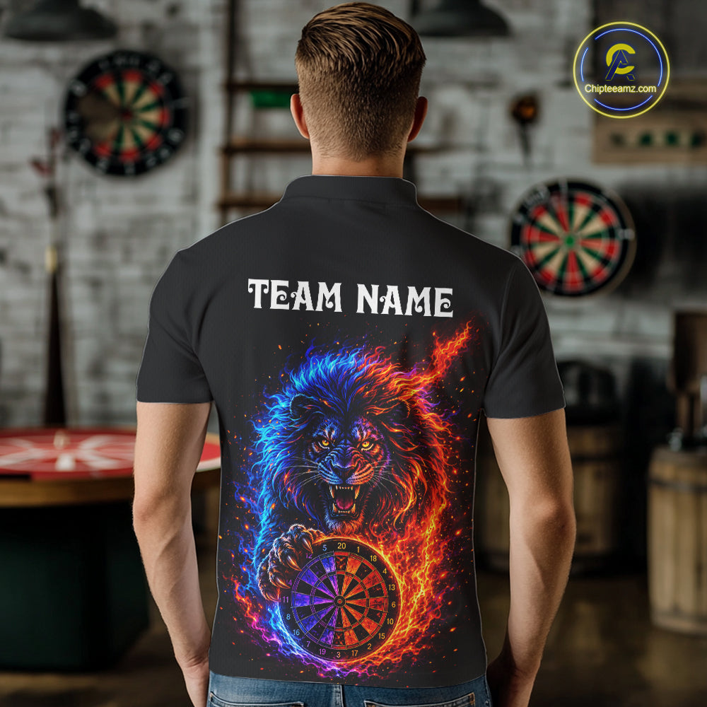Red And Blue Flame Lion Darts Polo Quarter-Zip Shirts For Men Custom Fire Lion Darts Team Jersey NYN4068