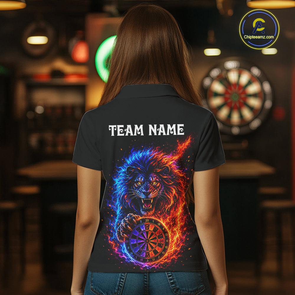 Red And Blue Flame Lion Darts Polo Quarter-Zip Shirts For Women Custom Fire Lion Darts Team Jersey NYN4068