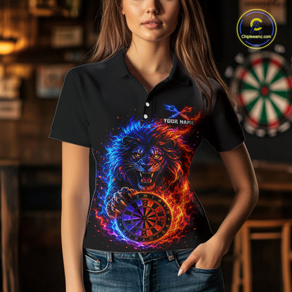 Red And Blue Flame Lion Darts Polo Quarter-Zip Shirts For Women Custom Fire Lion Darts Team Jersey NYN4068