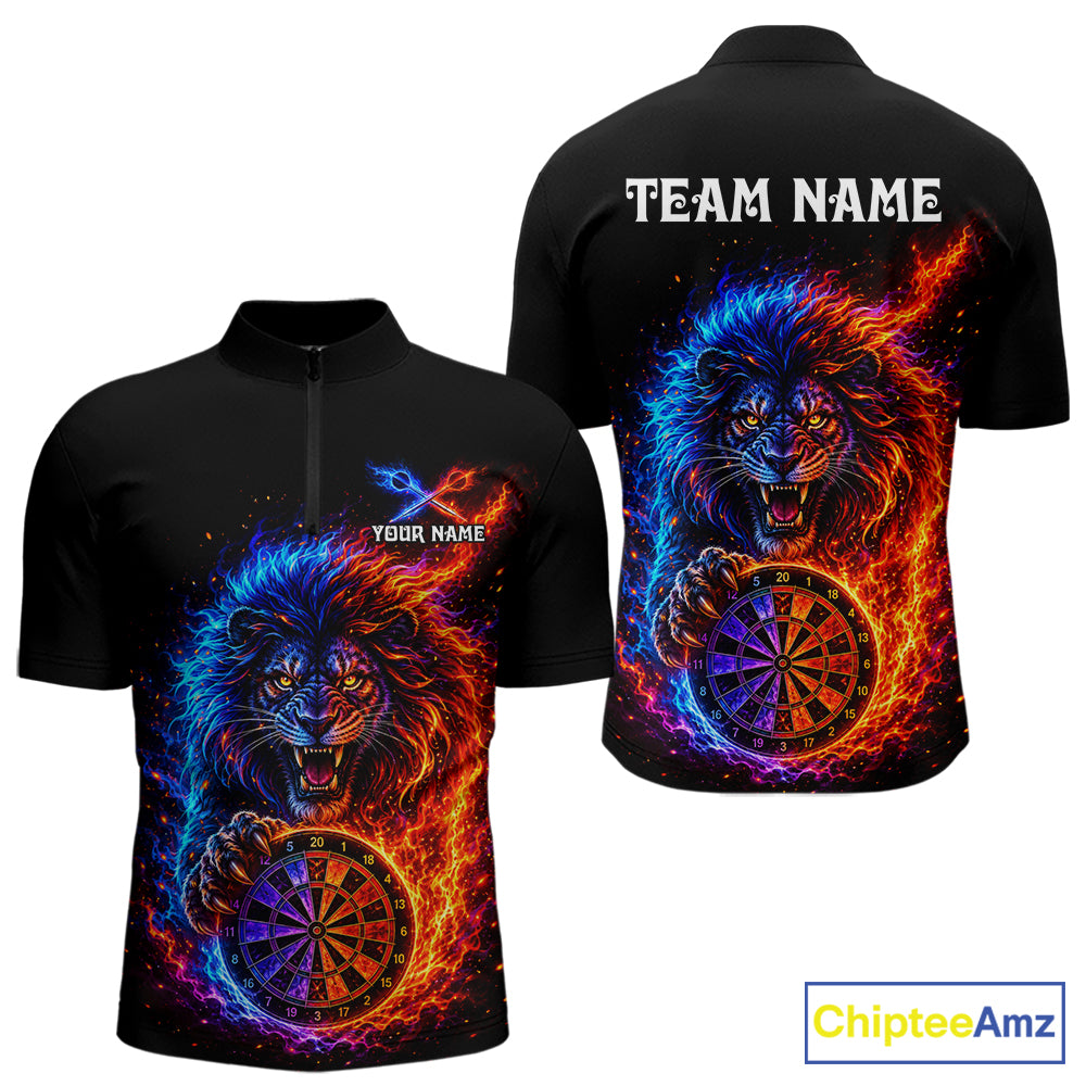 Red And Blue Flame Lion Darts Polo Quarter-Zip Shirts For Men Custom Fire Lion Darts Team Jersey NYN4068