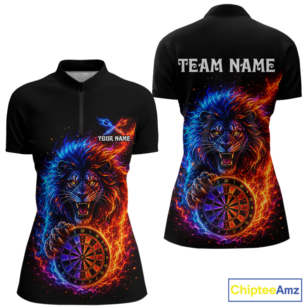 Red And Blue Flame Lion Darts Polo Quarter-Zip Shirts For Women Custom Fire Lion Darts Team Jersey NYN4068
