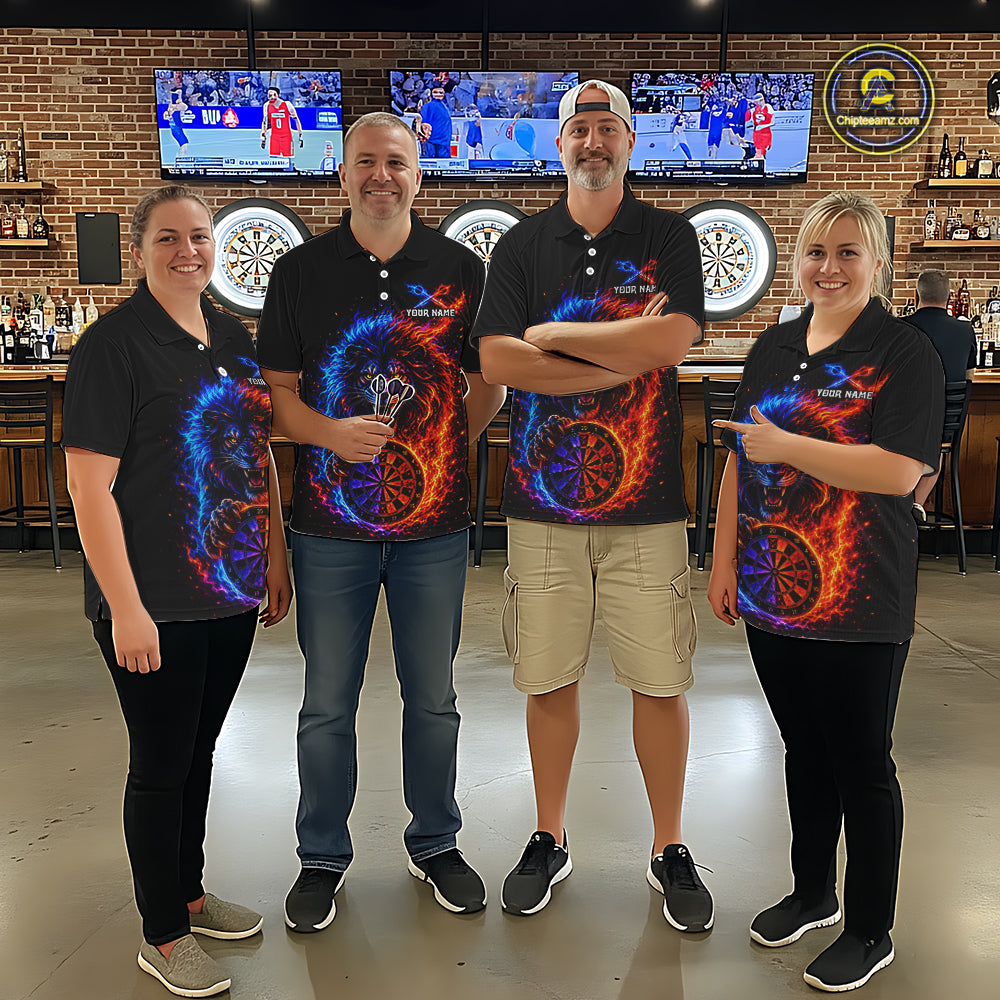 Red And Blue Flame Lion Darts Polo Quarter-Zip Shirts For Men Custom Fire Lion Darts Team Jersey NYN4068
