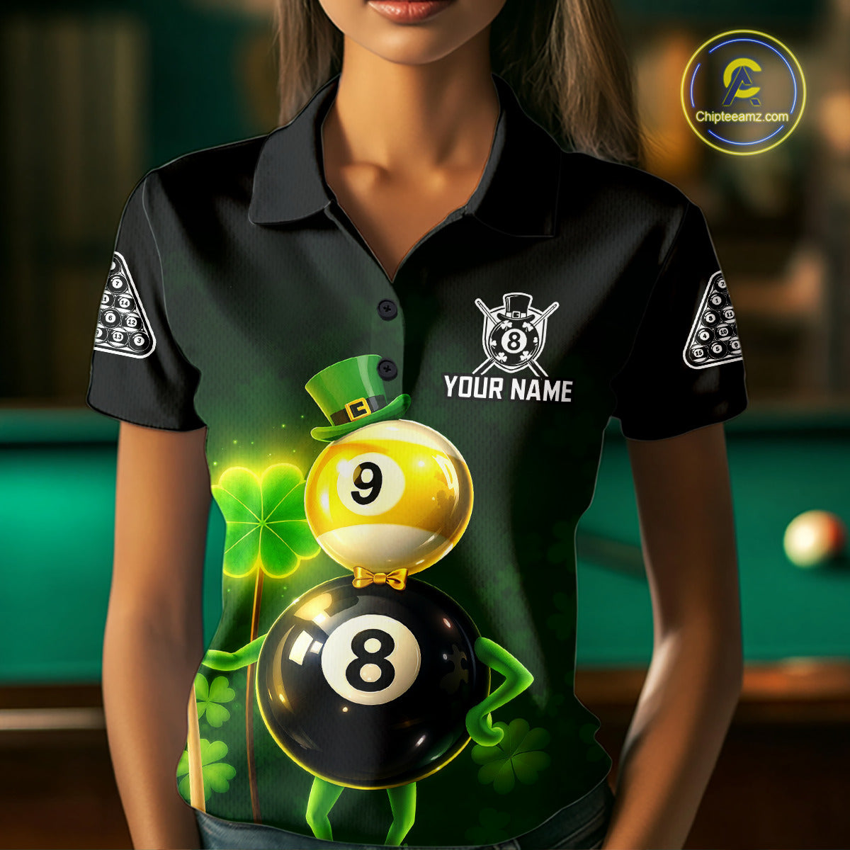 Funny Shamrock Pool 9 Ball & 8 Ball Women's Billiard Team Shirt Custom Patrick Day Billiard Attire NYN2473