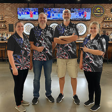 Load image into Gallery viewer, Men's dart team wearing personalized Smoke US Flag patriotic dart uniforms for league tournament