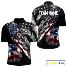 Load image into Gallery viewer, Personalized Smoke US Flag men's quarter zip bowling shirt patriotic bowling team jersey, custom bowling uniform, professional bowling apparel