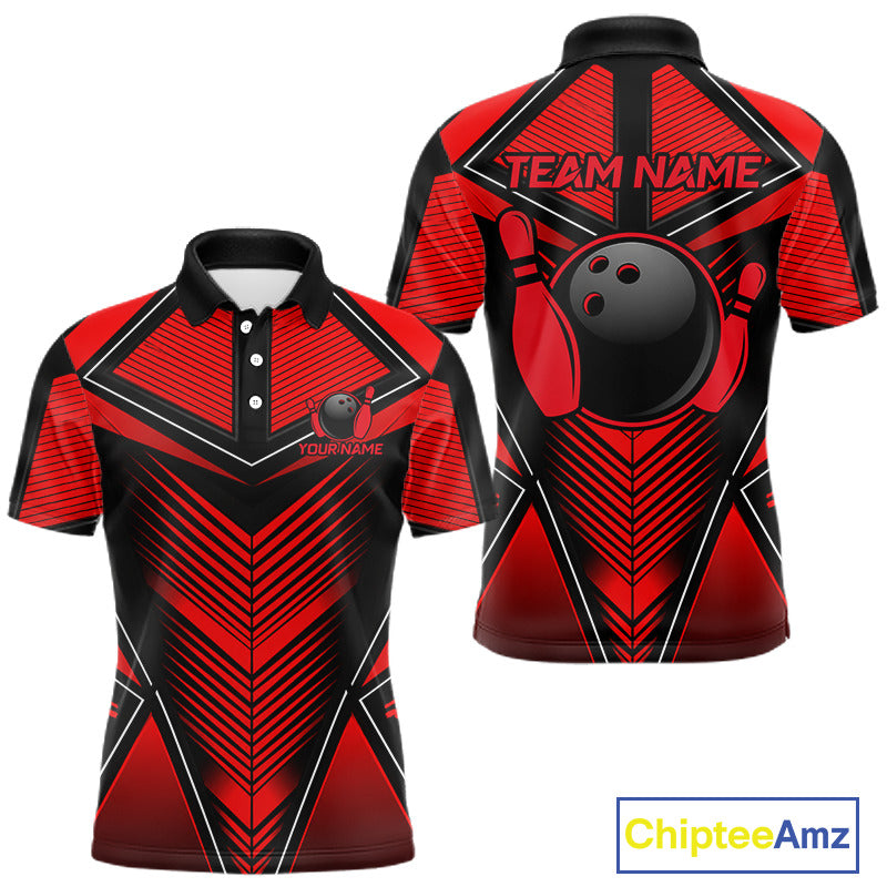 Mens Polo Quarter-Zip Bowling Shirts Custom Black & Red Strikes Bowling Team Jersey, Gift For Bowlers NYN3786