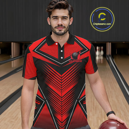 Mens Polo Quarter-Zip Bowling Shirts Custom Black & Red Strikes Bowling Team Jersey, Gift For Bowlers NYN3786