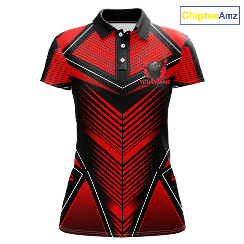 Woman wearing Black & Red Strikes Bowling Polo Shirt featuring dynamic bowling pin graphics, personalized bowling team apparel, moisture-wicking performance polo, tournament sportswear, custom bowling jersey.