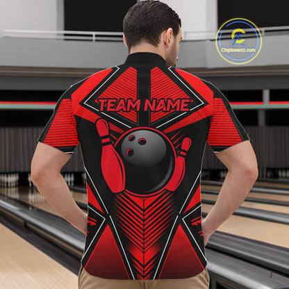 Mens Polo Quarter-Zip Bowling Shirts Custom Black & Red Strikes Bowling Team Jersey, Gift For Bowlers NYN3786