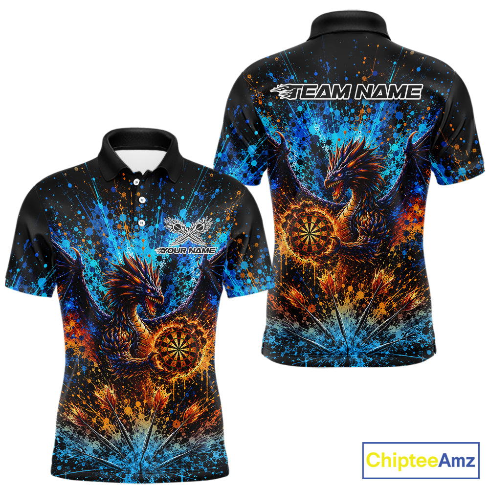 Blue And Orange Splatter Dragon Darts Polo Quarter-Zip Shirts For Men Custom Darts Team Jersey NYN4085