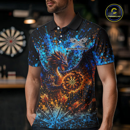 Blue And Orange Splatter Dragon Darts Polo Quarter-Zip Shirts For Men Custom Darts Team Jersey NYN4085