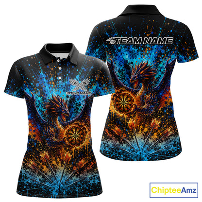 Blue And Orange Splatter Dragon Darts Polo Quarter-Zip Shirts For Women Custom Darts Team Jersey NYN4085