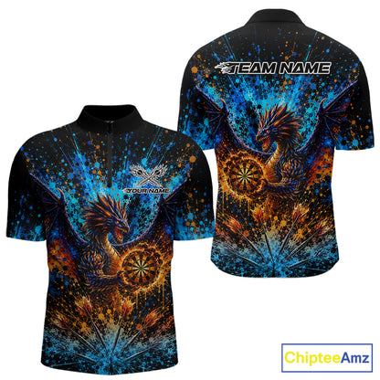 Blue And Orange Splatter Dragon Darts Polo Quarter-Zip Shirts For Men Custom Darts Team Jersey NYN4085