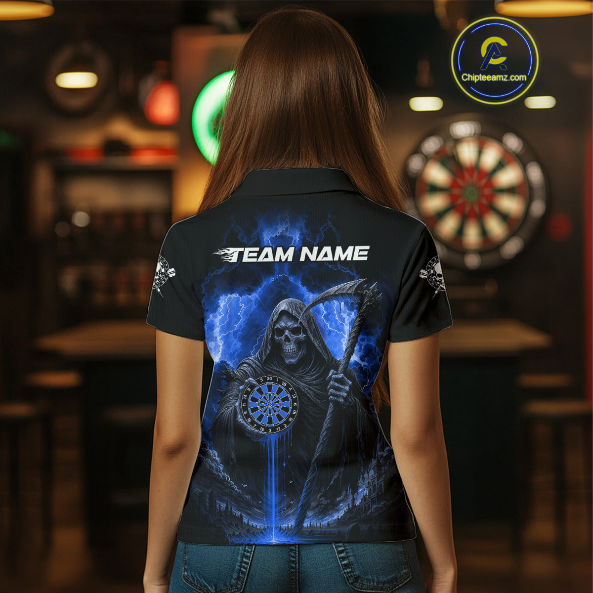 Custom Lightning Blue Grim Reaper Dartboard Dart Polo Shirt For Women Dart Team Jerseys NYN1419