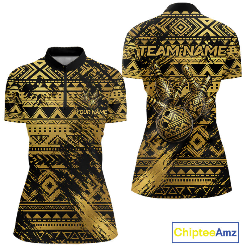Custom Grunge Gold Tribal Quarter-Zip Bowling Shirt featuring Polynesian tribal graphics, custom player name, quick-dry tournament jersey, breathable performance apparel, custom bowling league clothing, island-inspired athletic wear.